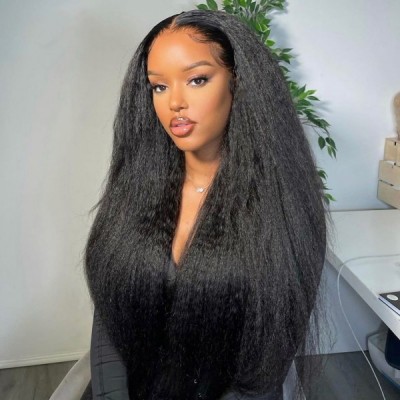 Carina Remy Hair Kinky Straight 13x4 Luxury Lace Wigs 180% Density For Black Beauty