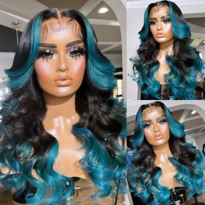 Carina Highlight Blue Colored 13x4 Lace Front Human Hair Wigs For Women 180 Density 