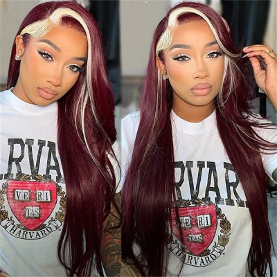 Burgundy 99j Red With 613 Blonde Stripe 13X4 Lace Front Wig 180%