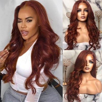 Carina Colored Chocolate Brown Wavy Wigs Human Hair Reddish Brown Glueless 13X4 Lace Front Wigs 180%
