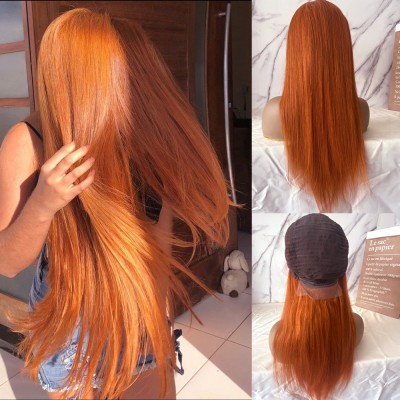 Carina 150% Orange Color Glueless 13x4 Lace Wigs  Silky Straight Human Hair Long Wigs