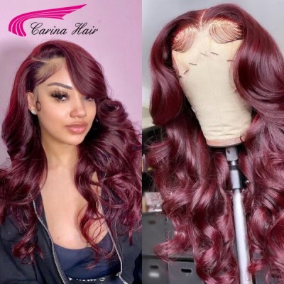 Carina Customized 99J Color 13x4 Human Hair Wigs Wave Lace Wigs 180% Pre Plucked Hairline