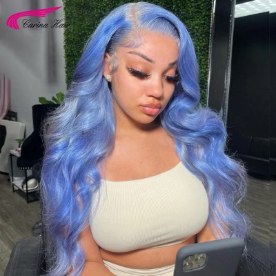 Carina Customized Blue Body Wave 13x4 Transparent Lace Front Human Hair Wigs 