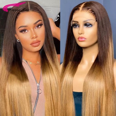 Carina Customized Long Straight Wigs Ombre Brown Blonde Human Hair Lace Front Wigs 