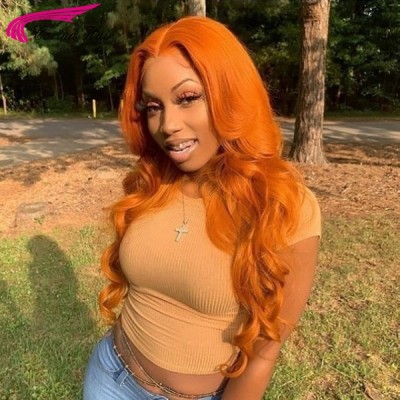 Carina Customized Orange Color Remy Human Hair Wigs Wave Lace Wigs Pre Plucked Hairline