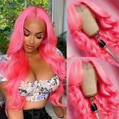 Carina Pink Color Body Wave 13x4 Transparent Lace Front Human Wigs 150% Density