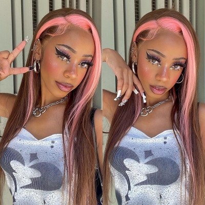 Carina Light Pink Stunk Stripe Hair Transparent Lace Highlight Straight 13X4 Lace Front Wigs 180% Virgin Human Hair