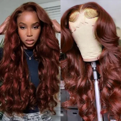 Carina Reddish Brown Wavy 13x4 Lace Front Wig Human Hair 180% Density Auburn Copper Color