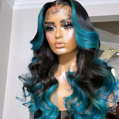 Carina Highlight Blue Colored 13x4 Lace Front Human Hair Wigs For Women 180 Density 