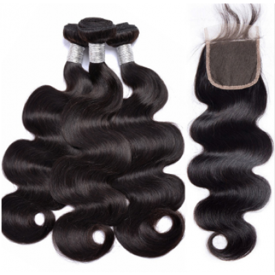 10A Body Wave Brazilian Hair Extensions 3 Bundles with 4x4 Lace Closure Free Part Natural Color