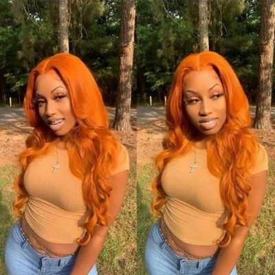 Carina Customized Orange Color Remy Human Hair Wigs Wave Lace Wigs Pre Plucked Hairline