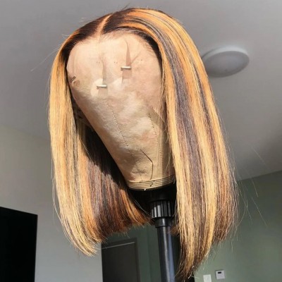 Carina Highlight Blonde Shor Bob Lace Closure Wigs 4x4 Straight Bob Wig 150%