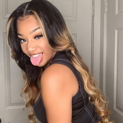 Carina Customized Highlights Ombre 13x4 Human Hair Wigs Pre Plucked Hairline With Baby Hair 180% Density