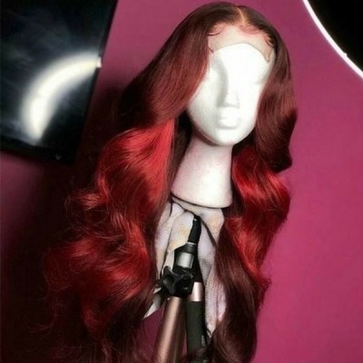 Carina Customized Red/Black Wave Human Hair Closure Lace Wigs with Baby Hair Pre Plucked Hairline 