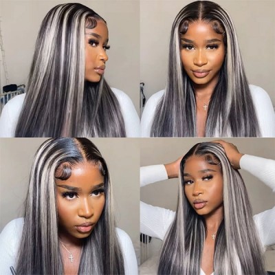 Platinum Blonde Highlights On Black Hair Straight Lace Front Wigs With Grey Highlights 180%