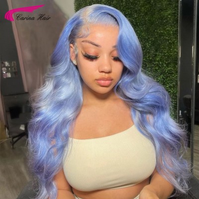 Carina Customized Blue Body Wave 13*4 Transparent Lace Front Human Hair Wigs 