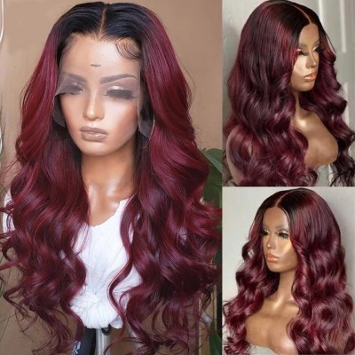 Carina HD 13x4 Lace Front Wigs Ombre #99J Burgundy Body Wave 150% Density