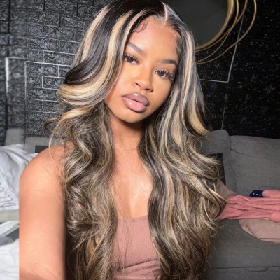 Carina 13X4 Lace Frontal Wig With Blonde Highlight Color Wavy Virgin Human Hair 180%